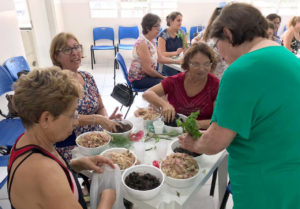 Mulheres plantando pequenas ervas e tigelas