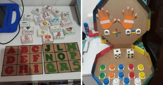 Mãe cria jogos pedagógicos para filho autista com caixas de sapato